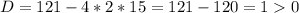 D=121-4*2*15=121-120=10