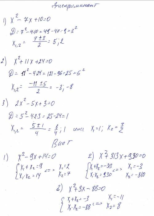 Напишите 3 примера с решение на теорему виета и 3 примера на решение через дискриминант .