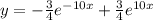 y=-\frac{3}{4}e^{-10x}+\frac{3}{4}e^{10x}