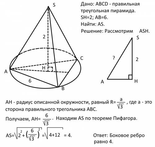 Вправильной треугольной пирамиде высота равна 2, а сторона основания равна 6. найдите боковое ребро