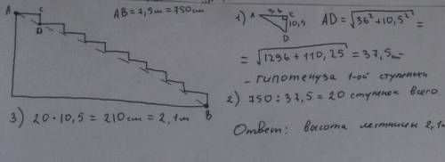 Решите ! лестница соединяет точки a и b. высота каждой ступени равна 10,5 см, а длина – 36 см. расст