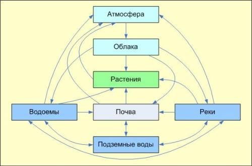 1. будем считать, что круговорот воды в природе обеспечивается взаимодействием следующих объектов: в