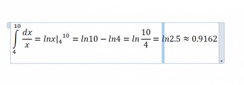 Вычислите площадь фигуры, ограниченной линиями: y=1/x, y=0, x=4; x=10