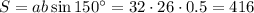 S=ab\sin150а=32\cdot 26\cdot 0.5=416