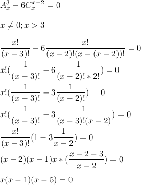 \displaystyle A_x^3-6C_x^{x-2}=0\\\\x\neq0; x3\\\\\frac{x!}{(x-3)!}-6\frac{x!}{(x-2)!(x-(x-2))!}=0\\\\x!(\frac{1}{(x-3)!}-6\frac{1}{(x-2)!*2!})=0\\\\x!(\frac{1}{(x-3)!}-3\frac{1}{(x-2)!})=0\\\\x!(\frac{1}{(x-3)!}-3\frac{1}{(x-3)!(x-2)})=0\\\\\frac{x!}{(x-3)!}(1-3\frac{1}{x-2})=0\\\\(x-2)(x-1)x*(\frac{x-2-3}{x-2})=0\\\\x(x-1)(x-5)=0