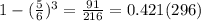 1-(\frac56)^3=\frac{91}{216}=0.421(296)