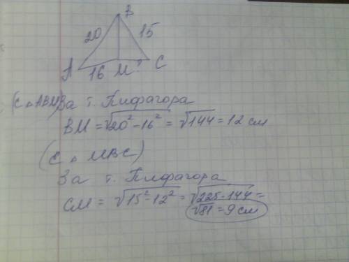 Из точки к плоскости проведены две равные наклонные 20 и 15 см проекция одной из них 16 см найти про