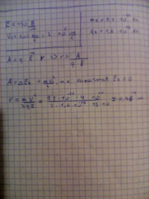 Электрон влетает со скоростью v0= 200км/c в однородное электрическое поле напряженностью е= 150 в/м