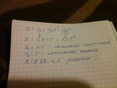 Движение точки задано уравнением x= 7,4- 3,2 t^2(t в квадрате). определите начальное положение точки