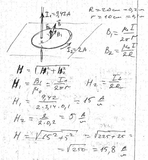 Прямолинейный проводник расположен перпендикулярно плоскости кругового проводника радиусом 20 см и п