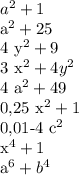 a^{2} +1&#10;&#10; a^{2} +25&#10;&#10;4 y^{2} +9&#10;&#10;3 x^{2} +4 y^{2} &#10;&#10;4 a^{2} +49&#10;&#10;0,25 x^{2} +1&#10;&#10;0,01-4 c^{2} &#10;&#10; x^{4} +1&#10;&#10; a^{6} + b^{4}