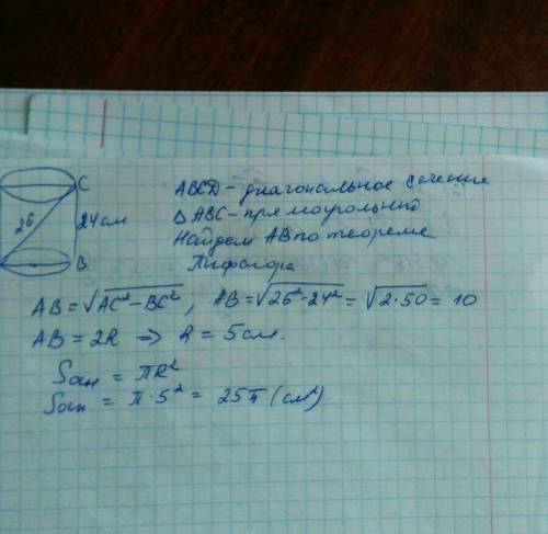 Диоганаль осевогосечения цилиндрп 26 см,высота 24 см вычислите площадь основания цилиндра,с решением