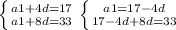 \left \{ {{a1+4d=17} \atop {a1+8d=33} \right. \left \{ {{a1=17-4d} \atop {17-4d+8d=33}} \right.