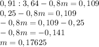 0,91:3,64-0,8m=0,109 \\ 0,25-0,8m=0,109 \\ -0,8m=0,109- 0,25 \\ -0,8m=-0,141 \\ m=0,17625