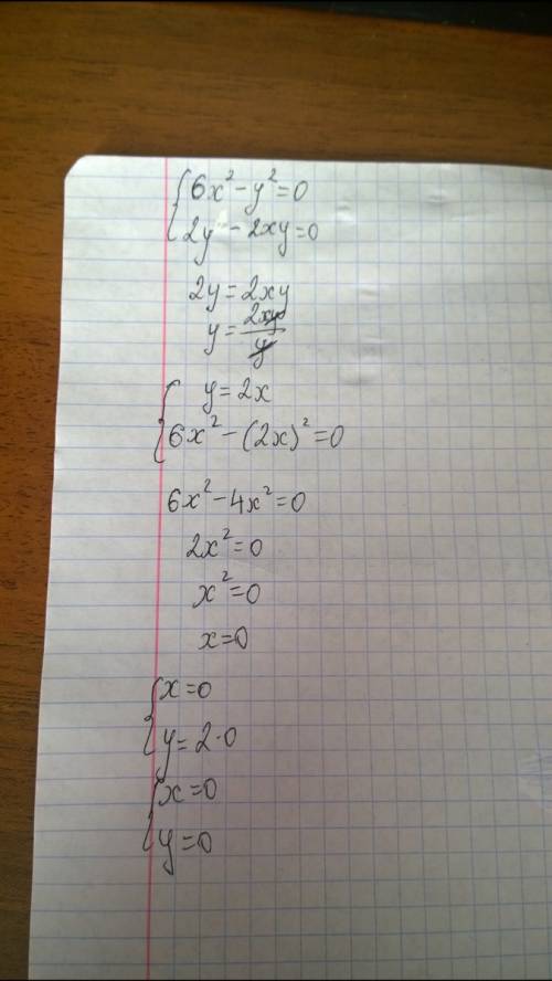 Решить систему уравнений 6*x^2-y^2=0 2*y-2*x*y=0