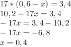 17 *(0,6 - x) =3,4 \\ 10,2-17x=3,4 \\ -17x=3,4-10,2 \\ -17x=-6,8 \\ x=0,4