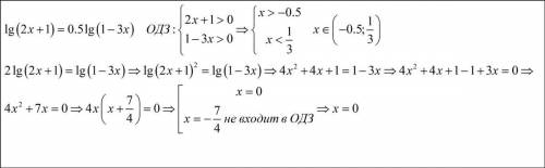 Надо решить уравнение lg(2x+1)=0.5 lg(1-3x)