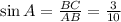 \sin A= \frac{BC}{AB} = \frac{3}{10}