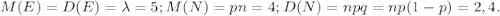 M(E)=D(E)=\lambda=5; M(N)=pn=4; D(N)=npq=np(1-p)=2,4.