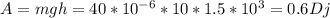 A=mgh=40*10 ^{-6} *10*1.5*10 ^{3} =0.6Dj