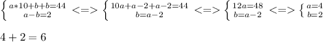 \left \{ {{a*10+b+b=44} \atop {a-b=2}} \right. \left \{ {{10a+a-2+a-2=44} \atop {b=a-2}} \right. \left \{ {{12a=48} \atop {b=a-2}} \right. \left \{ {{a=4} \atop {b=2}} \right. \\\\&#10;4+2=6