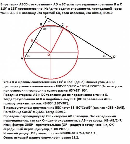 Втрапеции abcd с основаниями ad и вс углы при вершинах трапеции в и с 115° и 155° соответственно. на