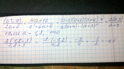 Выражение и найдите его значение: (a^2-9)/(2a+8)∙(4a+16)/(a^2+6a+9) при a=1,8. . напишите на листочк