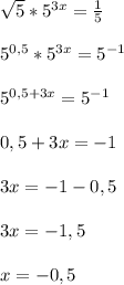 \sqrt{5}*5^{3x}= \frac{1}{5}\\\\5^{0,5}*5^{3x}=5^{-1}\\\\5^{0,5+3x}=5^{-1}\\\\0,5+3x=-1\\\\ 3x=-1-0,5\\\\3x=-1,5\\\\x=-0,5