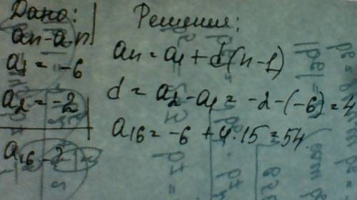 Выписаны первые несколько членов арифметической прогрессии: -6,-2, найдите её 16 член