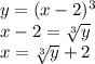 y=(x-2)^3\\x-2=\sqrt[3]y\\x=\sqrt[3]y+2