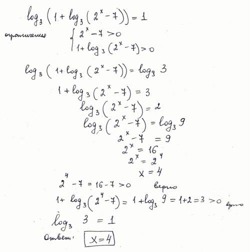 Log3(1+log3(2^x-7))=1 начала решать во вложении, что делать дальше?