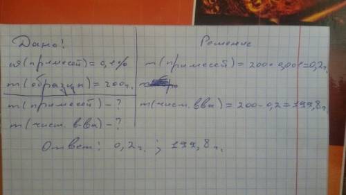 Содержание примесей в образце содержит 0,1%. найдите массу примесей. и массу чистого вещества в обра