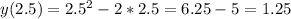 y(2.5)=2.5^2-2*2.5=6.25-5=1.25