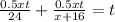 \frac{0.5xt}{24}+\frac{0.5xt}{x+16}=t