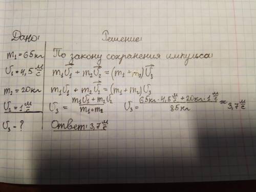 3. человек массой 65 кг, бегущий со скоростью 4,5 м/с, догоняет тележку массой 20 кг, движущуюся со