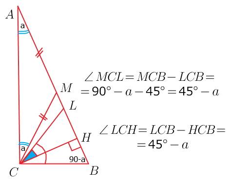 Впрямоугольном треугольнике abc катеты не равны. отрезки cm, cl, ch являются соответственно медианой
