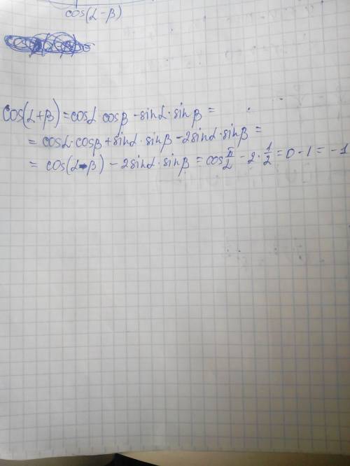 Найдите значение вражения: cos(альфа+бета), если sina*sinb=1/2 и a-b=пи/2. ответ должен получится -1