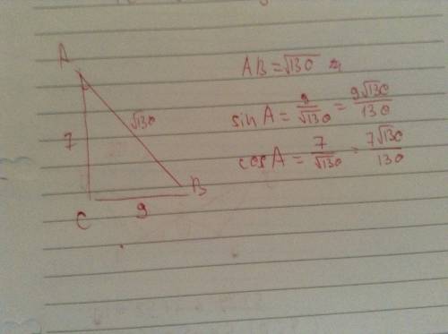 Втреугольнике авс угол с-прямой,ас=7,вс=9.найдите синус и косинус угла а.