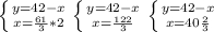 \left \{ {{y=42-x} \atop {x= \frac{61}{3} *2}} \right. \left \{ {{y=42-x} \atop {x= \frac{122}{3} }} \right. \left \{ {{y=42-x} \atop {x=40 \frac{2}{3} }} \right.