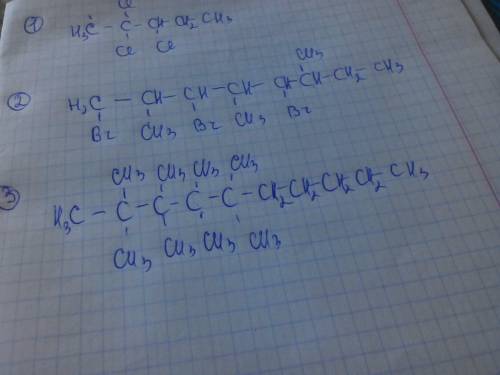 Составьте структурные формулы для следующих алканов: 1. 2,2,3 - трихлорпентан 2. 1,3,5 - трибром - 2