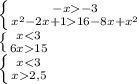 \left \{ {{-x-3} \atop { x^{2} -2x+116-8x+x ^{2}} \right. \\ \left \{ {{x15} \right. \\\left \{ {{x2,5} \right.