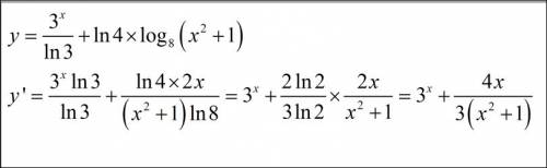 Вычислите значение производной функции y=3^x/ln 3 +ln 4 log8 (x^2+1) !