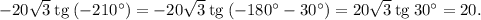 -20\sqrt{3}\: \mathrm{tg} \: (-210^\circ) = -20\sqrt{3} \: \mathrm{tg}\: (-180^\circ - 30^\circ) = 20\sqrt{3} \: \mathrm{tg} \:30^\circ = 20.