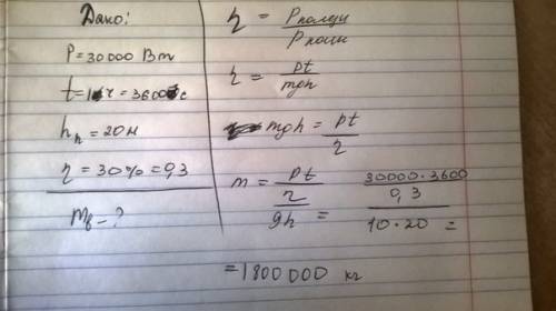 Рассчитайте массу воды,которая должна пройти плотину гэс высотой 20м,чтобы обеспечить электроэнергие
