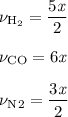 \rm&#10;\nu_{H_2} = \dfrac{5\mathit x}{2} \\ \\&#10;\nu_{CO} = 6 \mathit x \\ \\&#10;\nu_N_2 = \dfrac{3 \mathit x}{2}