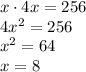 x\cdot4x=256\\4x^2=256\\x^2=64\\x=8