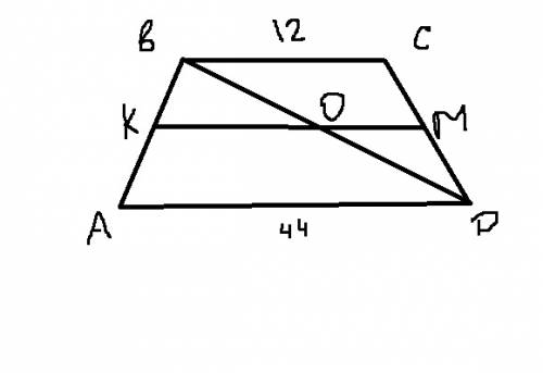 Сделать чертеж! основания трапеции равны 12 и 44 найдите больший из отрезков, на которые делит средн