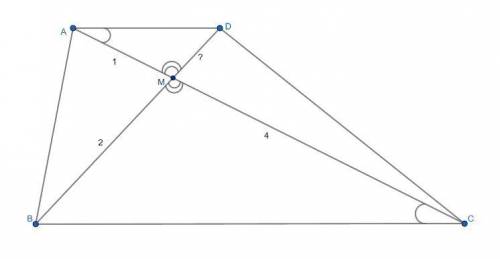 Решите , ! в четырехугольнике abcd диагонали пересекаются в точке m. известно, что ам=1, bm=2, см=4.