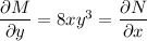 \dfrac{\partial M}{\partial y}=8xy^3=\dfrac{\partial N}{\partial x}