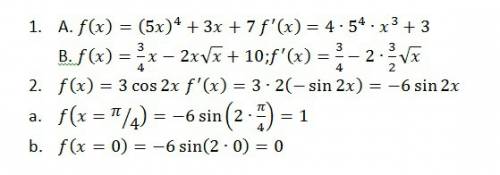 1.найдите производную а) f(x)=5x (в 4 степени)+3x+7 б )f(x)=3/4х-2х(х в корне)+10 2.найдите значение